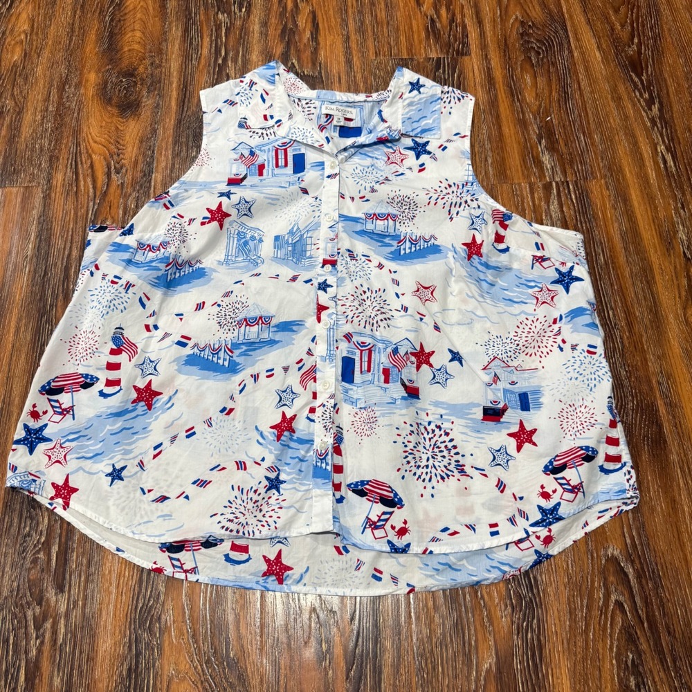 Kim Rogers 3X Sleeveless Blouse Women White Patriotic Beach Coastal Button Up